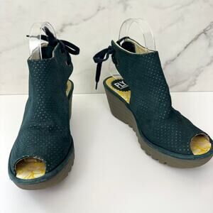 Fly London Womens Perforated Peep Toe Wedge Size 36 / 5.5-6 Suede Leather Blue